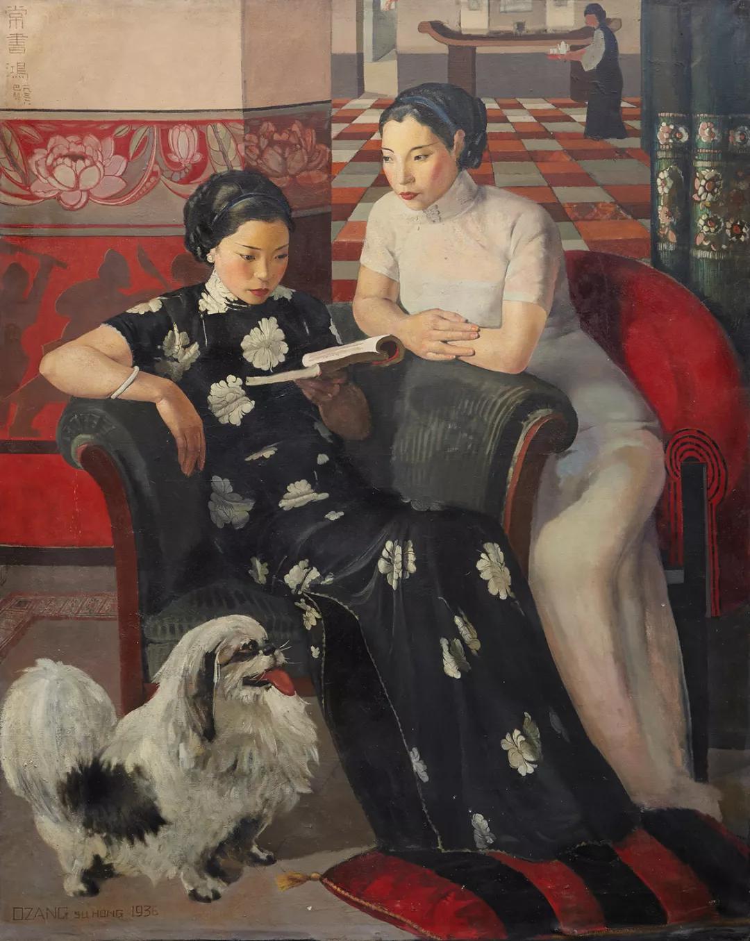 常书鸿,客厅中的姐妹,油彩画布,164×130厘米,1936年,龙美术馆.jpg